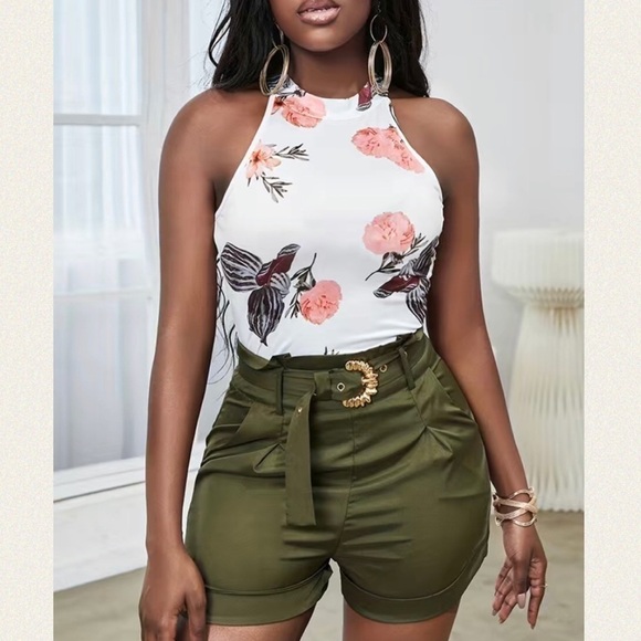 NEW 2pc Outfit Floral Print Halter Top & Army Green Shorts w/ Belt Size XL - Picture 3 of 15